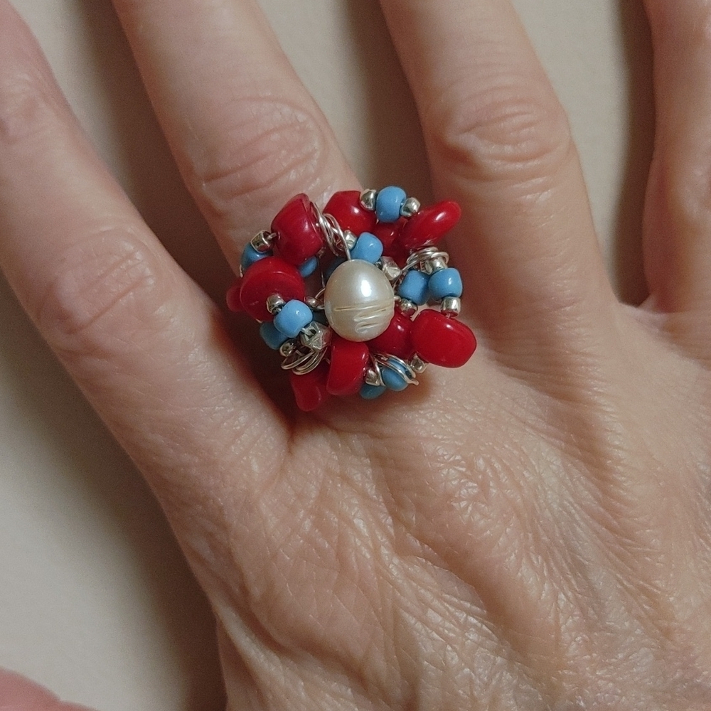 Handcrafted Coral, Turquoise & Pearl Cluster Ring